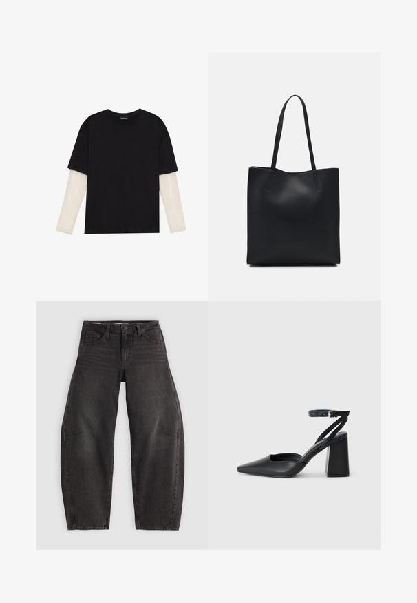 Čierne tričko z bavlny, s krátkymi rukávmi cez biele tričko s dlhým rukávom, s jemným textúrovaným vzorom. Design s okrúhlym výstrihom.; Čierne džínsy z denimu s voľným strihom, ktoré majú päť vreciek, zapínanie na gombík a jemné vyblednutie. Tkanina má hladkú, pevnú textúru.; Čierne kožené lodičky s špicatou špičkou a členkovým remienkom, s masívnym podpätkom. Hladký povrch, elegantný dizajn a minimalistická estetika.; Čierna kožená taška na rameno s hladkým povrchom, obdĺžnikovým tvarom a dvoma dlhými uchami. Bez viditeľného kovania alebo ozdôb.