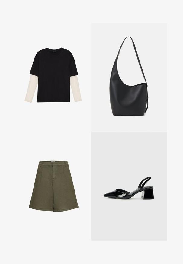 Camiseta negra de algodón, con mangas cortas sobre una capa blanca de manga larga con un patrón texturizado sutil. Diseño de escote redondeado.; Pantalones cortos verde oliva fabricados con tela texturizada, con un diseño de pierna ancha, bolsillos frontales y una cinturilla sin costuras para un aspecto ajustado.; Zapatos de tacón slingback de charol negro con punta afilada y tacón geométrico en bloque. Presentan un diseño elegante y minimalista, así como una textura suave.; Bolso tipo hobo de cuero negro con una textura suave, forma curvada y una sola correa ajustable; presenta una amplia apertura en la parte superior.