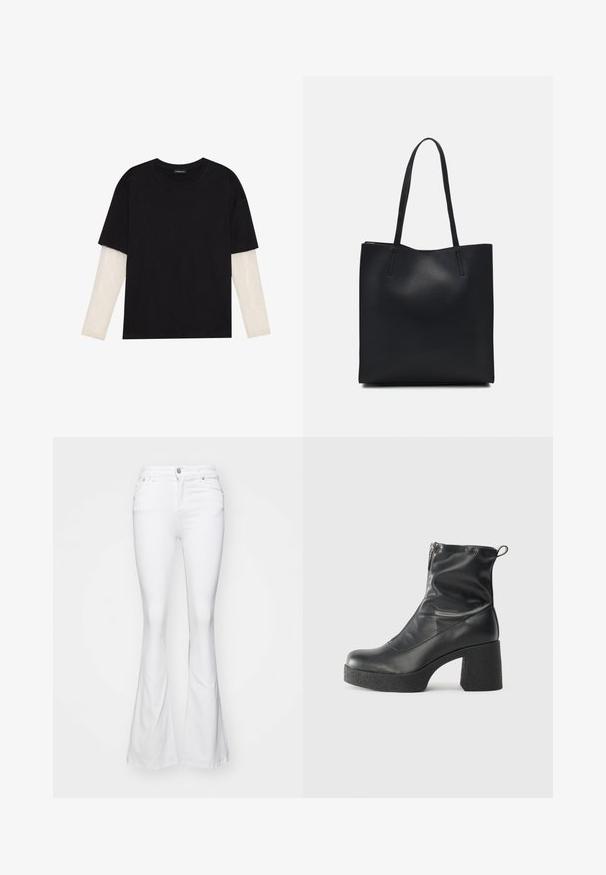 T-shirt preta de algodão, com mangas curtas sobre uma camada de mangas longas branca com um padrão texturizado subtil. Design de decote redondo.; Calças flare de algodão branco com uma cintura ajustada, quatro bolsos e um fecho clássico com botão. Textura suave e design limpo e sob medida.; Botas de tornozelo pretas feitas de couro liso, com fecho lateral, salto grosso texturizado e design de bico arredondado.; Bolsa tote preta em couro com textura lisa, forma retangular e duas alças longas. Sem hardware ou enfeites visíveis.