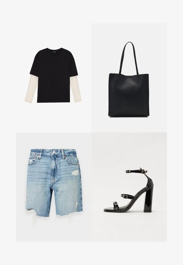 Black T-shirt made of cotton, featuring short sleeves over a white long-sleeve layer with a subtle textured pattern. Crew neckline design.; Light blue denim shorts with a high waist. Features distressed details with frayed hem and multiple pockets. Classic five-pocket design.; Black patent heeled sandals with a square toe, ankle straps, and silver buckles. Features a chunky block heel for stability.; Black leather tote bag with smooth texture, rectangular shape, and two long handles. No visible hardware or embellishments.