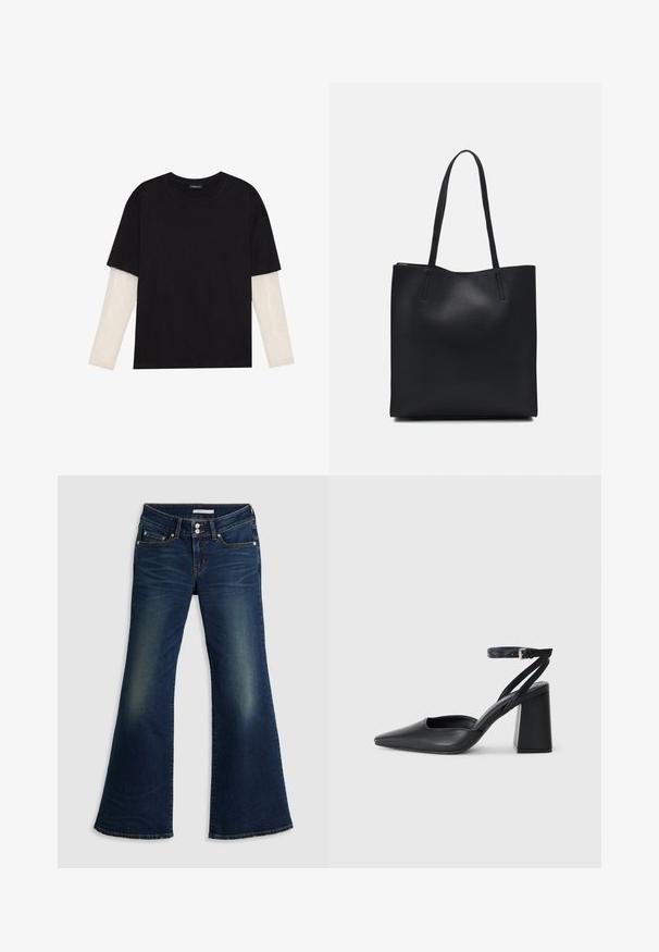 T-shirt preta de algodão, com mangas curtas sobre uma camada de mangas longas branca com um padrão texturizado subtil. Design de decote redondo.; Jeans de flare super baixos em denim azul escuro, com bolsos frontais e traseiros, fecho de botão duplo e detalhes desgastados nas coxas e joelhos.; Sandal com biqueira afilada em couro preto, com cinta no tornozelo e salto grosso. Textura lisa, design elegante e estética minimalista.; Bolsa tote preta em couro com textura lisa, forma retangular e duas alças longas. Sem hardware ou enfeites visíveis.