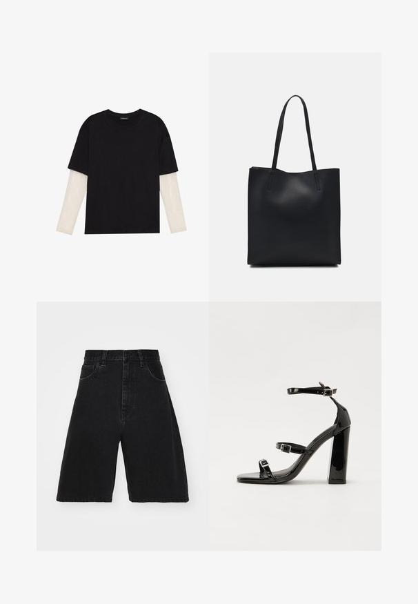Tricou negru din bumbac, cu mâneci scurte, peste un strat alb cu mâneci lungi, având un model texturat subtil. Design cu guler rotund.; Shorts negri din denim cu talie înaltă, design cu picioare largi, având cinci buzunare și închidere cu buton. Textură netedă cu o decolorare minimă.; Sandale cu toc din patent negru, cu vârf pătrat, curele la gleznă și catarame din argint. Dispune de un toc gros pentru stabilitate.; Geantă tote neagră din piele, cu textură netedă, formă rectangulară și două mânere lungi. Fără hardware vizibil sau ornamente.