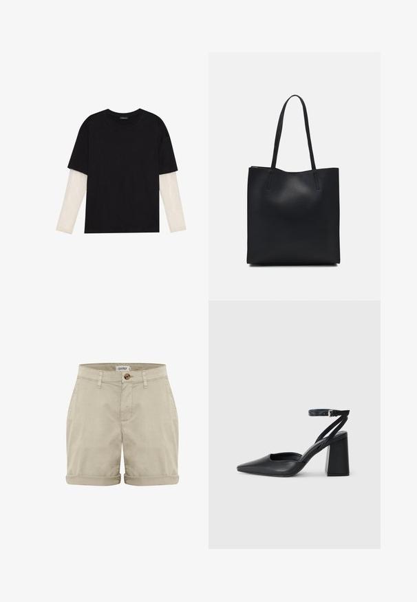 Mustmust särk, mis on valmistatud puuvillast, lühikeste varrukatega, valge pika varrukaga kihi peal, millel on peene tekstuuriga muster. Ümar kaelus.; Beežid puuvillased lühikesed püksid keeratud servaga, esiküljel nööpkinne ja tikitud taskud. Sile tekstuur minimaalsete detailidega.; Mustmustest must-käigukingad, millel on konksuga nöör ja paks konts. Ühtlane tekstuur, stiilne disain ja minimalistlik esteetika.; Mustast nahast kott sujuva tekstuuriga, ristkülikukujuline ja kahe pika sangaga. Pole nähtavat riistvara ega kaunistusi.