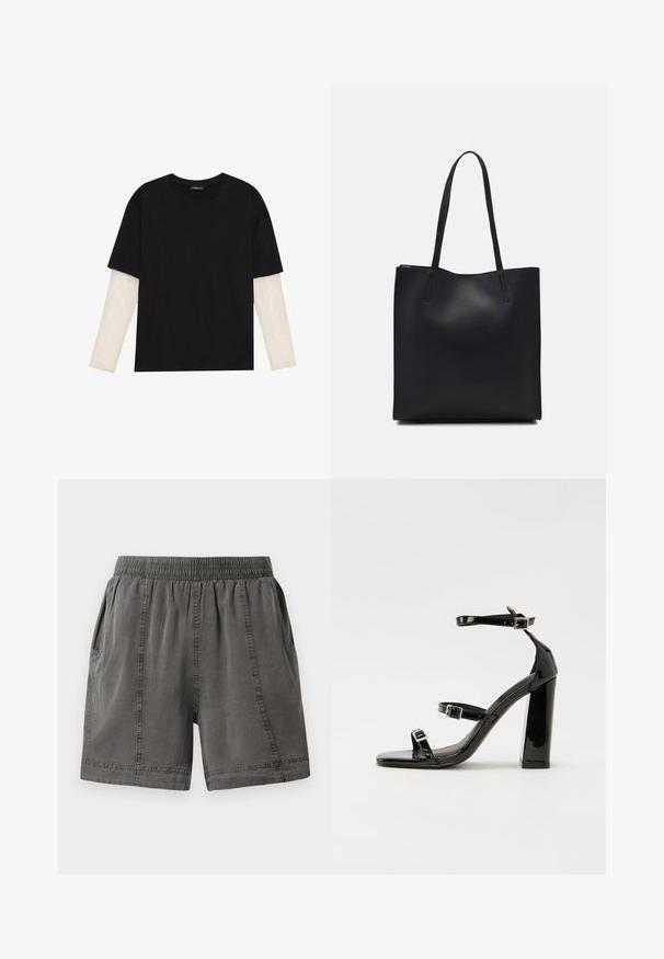 Fekete pamut póló, rövid ujjal, fehér hosszú ujjú réteg fölött, finom textúrával. Kerek nyakkivágású dizájn.; Szürke, pamut keverék rövidnadrág rugalmas derékkal, oldalsó zsebekkel és varrott részletekkel az oldalvarrás mentén. Puha tapintás és laza szabás.; Fekete lakk magas sarkú szandál négyzet alakú orral, bokapántokkal és ezüst csatokat tartalmaz. Masszív blokk sarka a stabilitásért felel.; Fekete bőrtáska sima felszínnel, téglalap alakú, két hosszú füllel. Nincs látható fémkiegészítő vagy díszítés.
