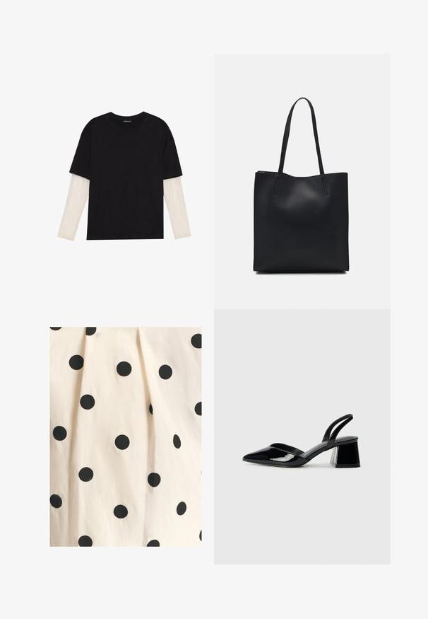 Juodas medvilninis marškinėliai su trumpomis rankovėmis, virš baltos ilgo rankovio sluoksnio, turinčio subtilų tekstūrinį raštą. Apvalus iškirpimas.; Medvilninė medžiaga turi kreminę fono spalvą su vienodai išdėstytais juodais taškeliais. Tekstūra atrodo lygi su šiek tiek krentančiu raukšlėjimu.; Juodos lakuotos odinės šlepetės su smailiu pirštu ir geometriniu bloko kulnu. Turi elegantišką, minimalistinį dizainą ir lygų paviršių.; Juodas odinis tote krepšys su lygia tekstūra, stačiakampio formos ir dviem ilgais rankenomis. Matomų metalinių detalių ar puošybos nėra.; Sidabrinės širdelės formos auskarai puošti facetuotais skaidriais akmenimis, su tekstūruotu rėmu. Rinkinį sudaro tiek auskarai-stud, tiek kabančios formos.