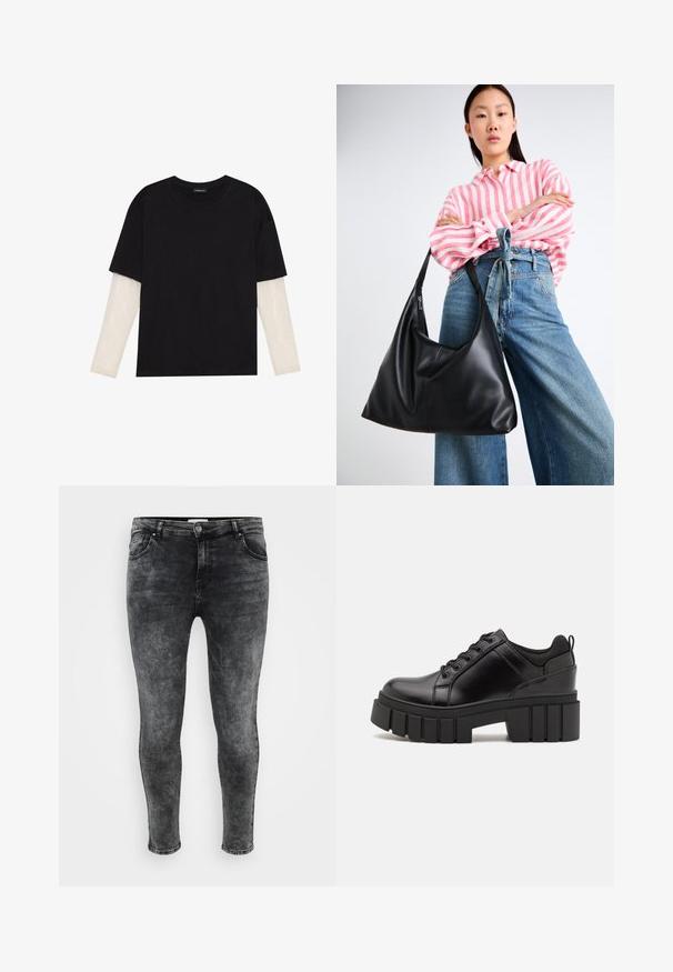Black T-shirt made of cotton, featuring short sleeves over a white long-sleeve layer with a subtle textured pattern. Crew neckline design.; ONLY Carmakoma CARRUSH MID WAIST  - Jeans Skinny Fit - grey denim; Black leather platform shoes with a chunky block heel, round toe, and traditional lace-up design. Features smooth texture and minimal detailing.; Black leather shoulder bag with a slouchy shape and seam details. Model wears a pink and white striped shirt with wide-leg blue jeans.