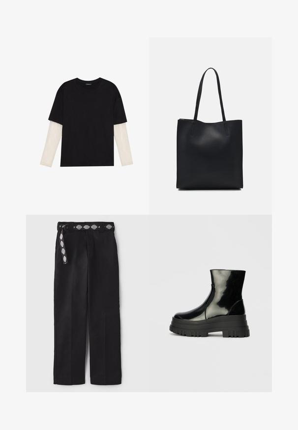 Svart T-skjorte laget av bomull, med korte ermer over et hvitt langermet lag med en subtil teksturert mønster. Rund hals design.; Sorte vide benbukser i bomull med et mønstret belte i svart og hvitt. Glatt tekstur med rett snitt og ingen synlige dekorasjoner.; Svart, blank ankelstøvel med tykk såle og rund tå, sett fra siden på en enkel, lys grå bakgrunn.; Svart lær tote bag med glatt tekstur, rektangulær form og to lange håndtak. Ingen synlige deler eller dekorasjoner.