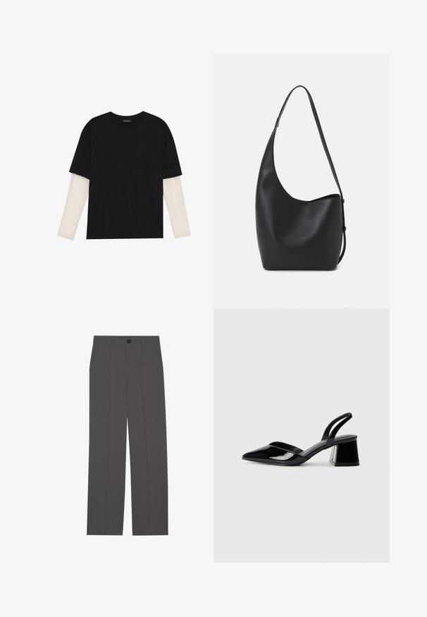 Tricou negru din bumbac, cu mâneci scurte, peste un strat alb cu mâneci lungi, având un model texturat subtil. Design cu guler rotund.; Pantaloni gri cu un design drept, având două buzunare laterale și închidere cu nasture. Material neted, fără modele sau accente vizibile.; Pantofi cu toc slingback din piele lacuită neagră, cu vârf ascuțit și toc geometric. Prezintă un design elegant, minimalist și o textură netedă.; Geantă hobo din piele neagră, cu o textură netedă, formă curbată și un singur bretele ajustabil; are o deschidere largă în partea de sus.