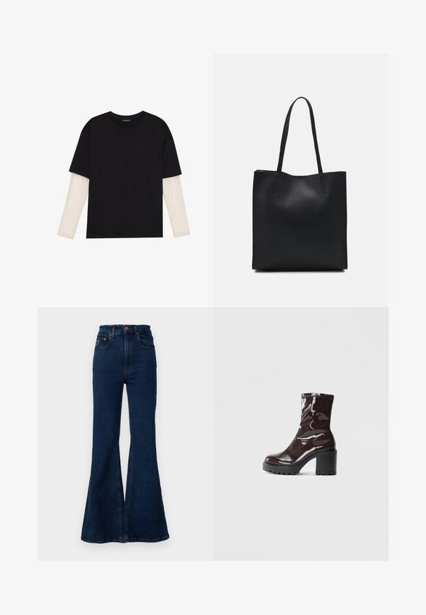 Mustapaita, joka on valmistettu puuvillasta ja jossa on lyhyet hihat valkoisen pitkähihasen kerroksen päällä, jossa on hienovarainen teksturoitu kuvio. Pyöreä kaula-aukko.; LOIS Jeans PALAS - Bootcut-farkut - stone whiskers; Satea bordeaux berwarna mengkilap dengan tumit hitam tebal, menampilkan tekstur halus dan desain sederhana. Tanpa pengikat atau pola yang terlihat.; Mustapahkainen kangaskassi, jossa on sileä pinta, suorakaiteen muotoinen ja kaksi pitkää kahvaa. Ei näkyvää metalliosaa tai koristeita.