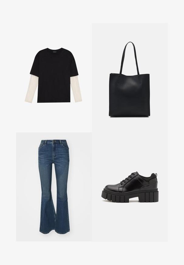 Black T-shirt made of cotton, featuring short sleeves over a white long-sleeve layer with a subtle textured pattern. Crew neckline design.; Wrangler FIERCE - Flared Jeans - phoenix; Black leather platform shoes with a chunky block heel, round toe, and traditional lace-up design. Features smooth texture and minimal detailing.; Black leather tote bag with smooth texture, rectangular shape, and two long handles. No visible hardware or embellishments.