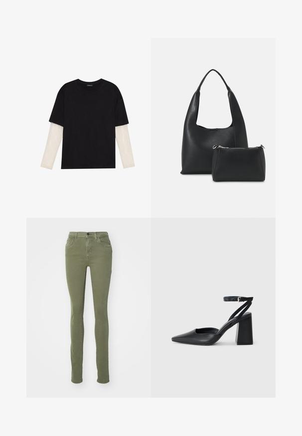 Melna kokvilnas T-kreklu ar īsām piedurknēm, virs baltas garām piedurknēm ar smalku teksturētu rakstu. Apaļas kakla izgriezuma dizains.; Olīvu zaļas plānas bikses, izgatavotas no mīksta kokvilnas maisījuma, ar divām priekšējām kabatām, pogu aizdari un gludu, strukturētu virsmu.; Melna ādas augstpapēžu kurpe ar norakstīto purngala formu, potītes siksniņu un masīlu papēdi. Gluda tekstūra, elegants dizains un minimālisma estētika.; Even&Odd Rokassoma - black