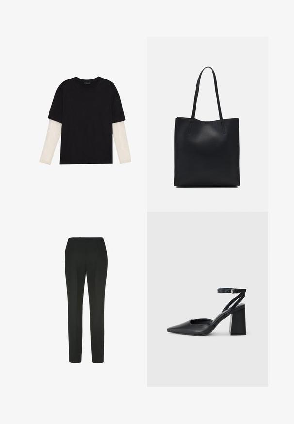 Black T-shirt made of cotton, featuring short sleeves over a white long-sleeve layer with a subtle textured pattern. Crew neckline design.; Luisa Spagnoli OTRE - Trousers - nero; Black leather pointy-toe pump with an ankle strap and a chunky heel. Flat texture, sleek design, and minimalistic aesthetics.; Black leather tote bag with smooth texture, rectangular shape, and two long handles. No visible hardware or embellishments.