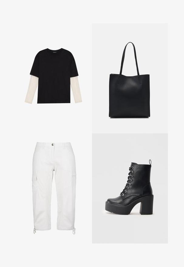 Mustapaita, joka on valmistettu puuvillasta ja jossa on lyhyet hihat valkoisen pitkähihasen kerroksen päällä, jossa on hienovarainen teksturoitu kuvio. Pyöreä kaula-aukko.; Valkoiset cargo-housut suoran lahkeen leikkauksella, valmistettu kevyestä kankaasta. Varustettu sivutaskuilla ja säädettävillä hihnoilla.; Musta nahkasaapas nilkkamittaisella, paksulla korokepohjalla, nyöritettävällä etuosalla ja tekstuuripinnalla. Takana on lenkki helppoa pukemista varten.; Mustapahkainen kangaskassi, jossa on sileä pinta, suorakaiteen muotoinen ja kaksi pitkää kahvaa. Ei näkyvää metalliosaa tai koristeita.