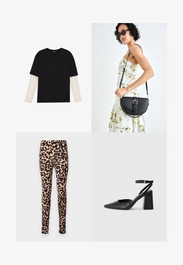 Mustmust särk, mis on valmistatud puuvillast, lühikeste varrukatega, valge pika varrukaga kihi peal, millel on peene tekstuuriga muster. Ümar kaelus.; Leopardimustriga retuusid, millel on sile ja veniv kangas, keskmise kõrgusega vöökoht ja istuv siluett. Mustrit iseloomustavad pruunid ja mustad toonid.; Mustmustest must-käigukingad, millel on konksuga nöör ja paks konts. Ühtlane tekstuur, stiilne disain ja minimalistlik esteetika.; Mustmust mustraha kõverate joontega, eemaldatava rihmaga ja kuldsete detailidega. Kotil on klapp, millel on pandladetail.