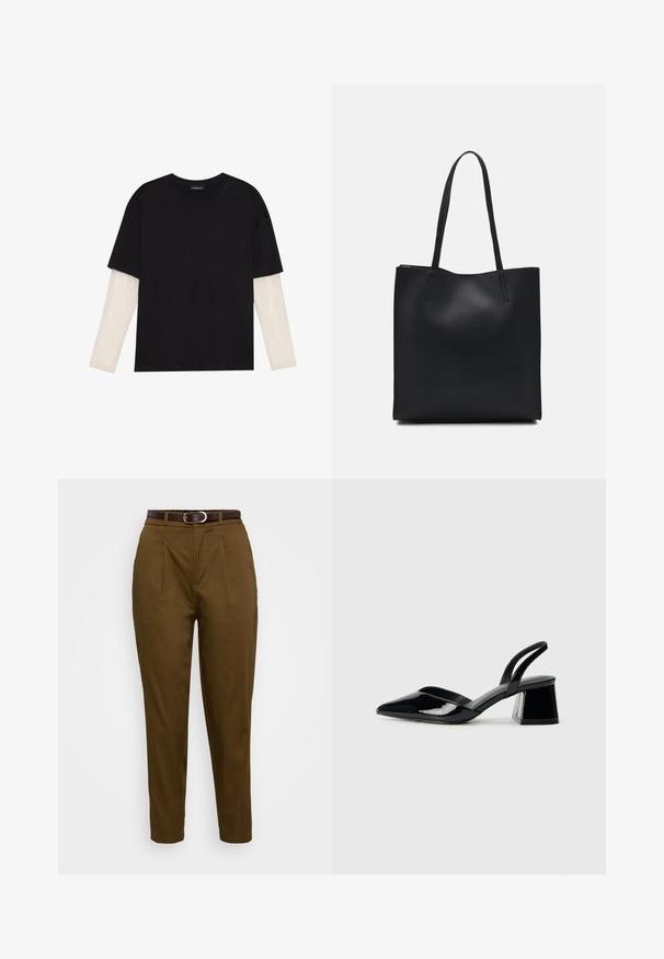 Black T-shirt made of cotton, featuring short sleeves over a white long-sleeve layer with a subtle textured pattern. Crew neckline design.; Brown tailored trousers with a smooth fabric, featuring front pleats and a brown leather belt with a silver buckle. Elegant tapered design.; Black patent leather slingback heels with a pointed toe and a geometric block heel. Features a sleek, minimal design and smooth texture.; Black leather tote bag with smooth texture, rectangular shape, and two long handles. No visible hardware or embellishments.
