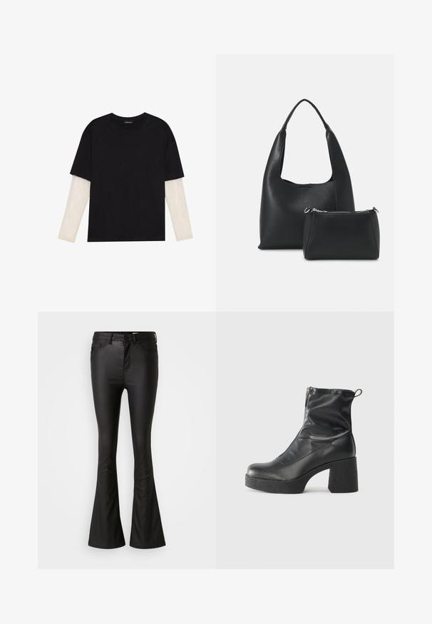 T-shirt preta de algodão, com mangas curtas sobre uma camada de mangas longas branca com um padrão texturizado subtil. Design de decote redondo.; Calças de ganga largas pretas feitas de um tecido brilhante e suave. Apresentam uma cintura alta, bolsos frontais e um fecho de correr com botão.; Botas de tornozelo pretas feitas de couro liso, com fecho lateral, salto grosso texturizado e design de bico arredondado.; Even&Odd Mala de mão - black