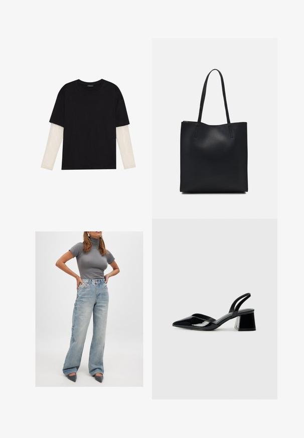 Black T-shirt made of cotton, featuring short sleeves over a white long-sleeve layer with a subtle textured pattern. Crew neckline design.; Woman standing with hands on hips wearing a fitted gray short-sleeve turtleneck, light blue wide-leg jeans, and gray pointed shoes.; Black patent leather slingback heels with a pointed toe and a geometric block heel. Features a sleek, minimal design and smooth texture.; Black leather tote bag with smooth texture, rectangular shape, and two long handles. No visible hardware or embellishments.