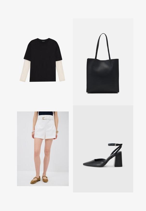 Camiseta negra de algodón, con mangas cortas sobre una capa blanca de manga larga con un patrón texturizado sutil. Diseño de escote redondeado.; Pantalones cortos blancos a medida con un cinturón que presenta una hebilla dorada, combinados con zapatos planos de ante marrón. Textura suave y líneas limpias.; Zapato de tacón puntiagudo de cuero negro con tira en el tobillo y tacón ancho. Textura plana, diseño elegante y estética minimalista.; Bolso tote de cuero negro con textura lisa, forma rectangular y dos asas largas. Sin herrajes ni adornos visibles.