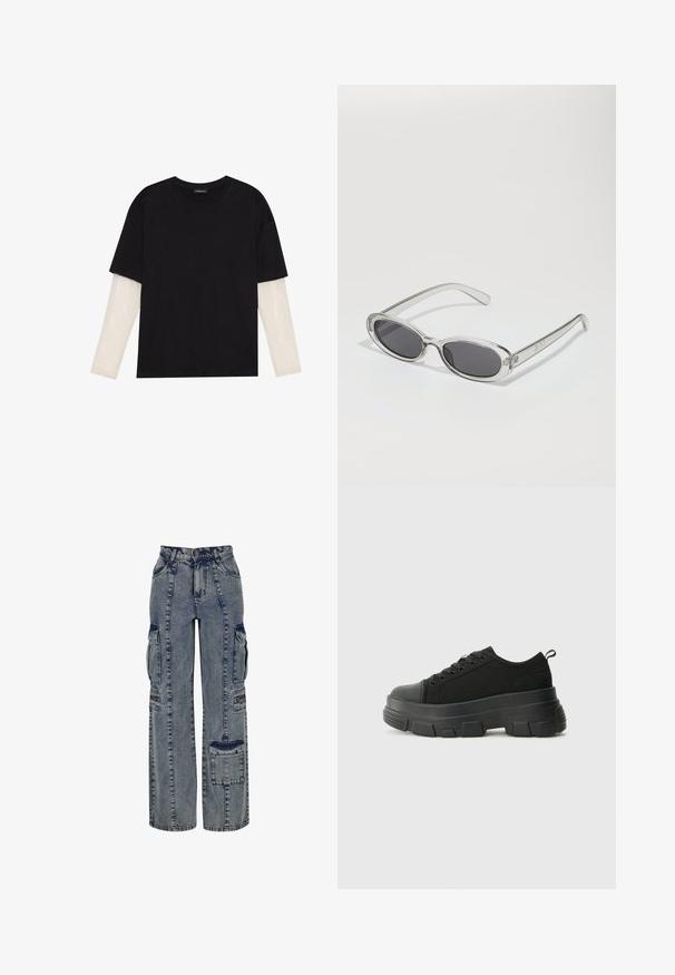 T-shirt nera in cotone con maniche corte sopra un sotto manica lunga bianca, caratterizzata da una sottile texture. Design con scollo rotondo.; Pantaloni cargo in denimazzurro chiaro. Presentano gambe larghe, molteplici tasche laterali e accenti in denim scuro a contrasto. Strutturati con cuciture visibili.; Sneaker nere con suola in gomma spessa, superiore in tessuto testurizzato, punta rotonda e design con lacci. Presenta occhielli rinforzati e linguetta sul retro.; Occhiali da sole con forma ovale, montatura in plastica trasparente, lenti grigie scure e aste sottili trasparenti con accenti di logo e dettagli minimi.; Borsa tote in pelle nera con texture liscia, forma rettangolare e due manici lunghi. Nessun hardware o decorazione visibile.