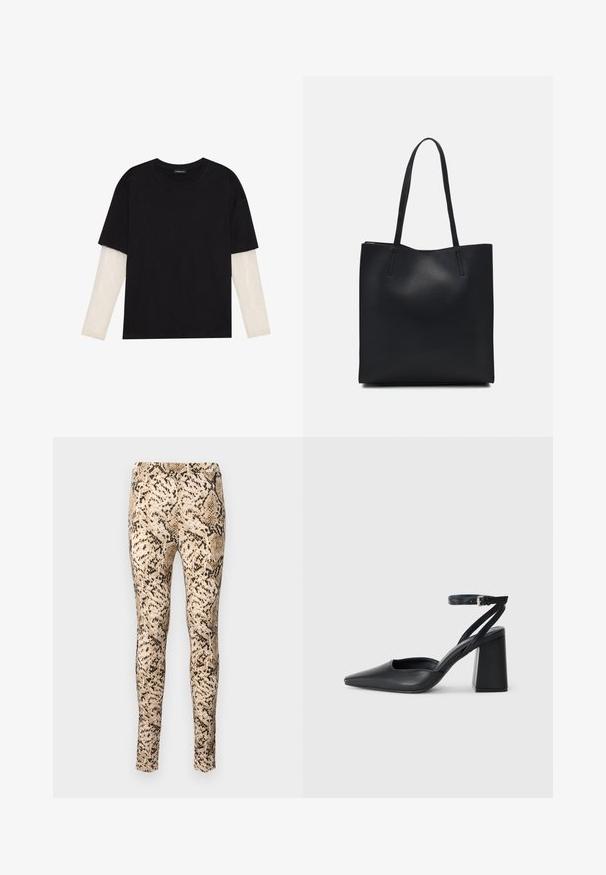T-shirt noir en coton, avec des manches courtes sur une couche à manches longues blanche avec un motif texturé subtil. Col rond.; Leggings imprimés serpent en beige et noir avec un design ajusté, dotés d'une texture lisse et d'une taille extensible pour plus de confort.; Escarpin noir en cuir à bout pointu avec une bride de cheville et un talon épais. Texture lisse, design élégant et esthétique minimaliste.; Sac fourre-tout en cuir noir avec une texture lisse, de forme rectangulaire et deux longues poignées. Pas de matériel ou d'ornementations visibles.