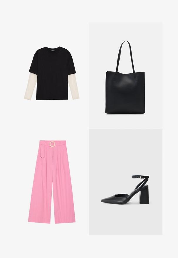 Black T-shirt made of cotton, featuring short sleeves over a white long-sleeve layer with a subtle textured pattern. Crew neckline design.; Pink wide-leg trousers with a high waist, featuring a belt with a circular wooden buckle and pleats for texture.; Black leather pointy-toe pump with an ankle strap and a chunky heel. Flat texture, sleek design, and minimalistic aesthetics.; Black leather tote bag with smooth texture, rectangular shape, and two long handles. No visible hardware or embellishments.