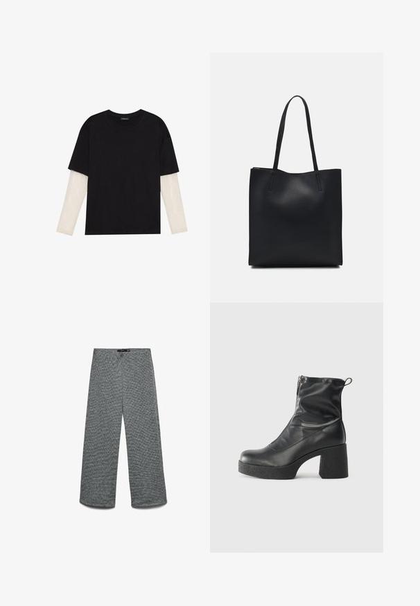 Tricou negru din bumbac, cu mâneci scurte, peste un strat alb cu mâneci lungi, având un model texturat subtil. Design cu guler rotund.; Pantaloni cu picioare largi dintr-un material tricotat texturat gri. Prezintă o talie înaltă și picioare drepte, oferind o croială relaxată pe toată lungimea.; Bocanci negri de glezna din piele netedă, cu fermoar lateral, toc texturat și masiv, și design cu vârf rotund.; Geantă tote neagră din piele, cu textură netedă, formă rectangulară și două mânere lungi. Fără hardware vizibil sau ornamente.