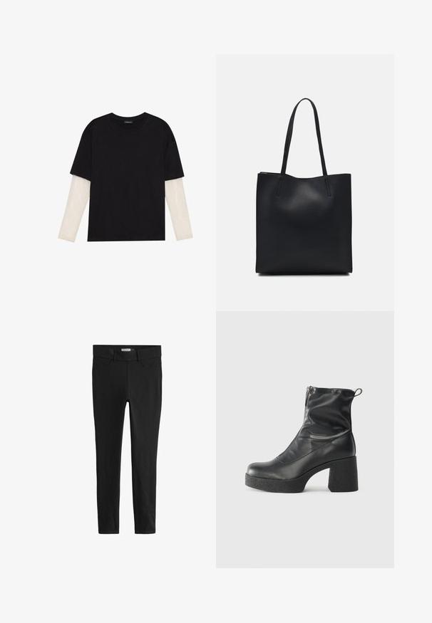 Sort T-shirt lavet af bomuld, med korte ærmer over et hvidt langærmet lag med et subtilt tekstureret mønster. Design med rund hals.; Sorte leggings lavet af strækstof med en tætsiddende design. Har en klassisk talje og forlommer, glat overflade og ingen mønstre.; Sorte ankelstøvler lavet af glat læder, med en sidelukning, kraftig struktureret hæl og rundt tådesign.; Sort læder tote taske med glat tekstur, rektangulær form og to lange hanke. Ingen synlig hardware eller udsmykninger.