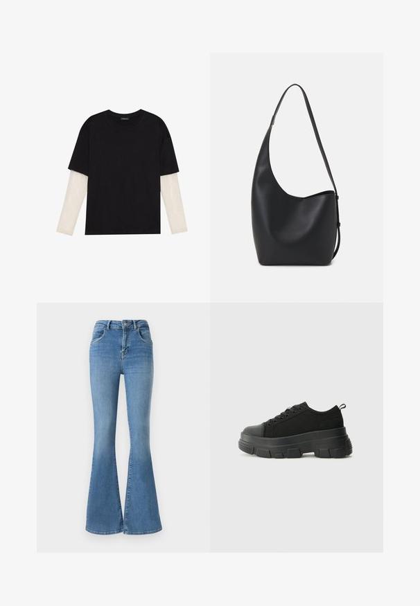 Crni majica od pamuka, s kratkim rukavima preko bijele dugorukave slojevite s suptilnim teksturiranim uzorkom. Dizajn s okruglim izrezom.; Traperice s izrezom od plave denimske tkanine, s visokim strukom, zatvaranjem na patentni zatvarač i dugme, te izblijedjelim dizajnom s suptilnim debljanjima.; Crne tenisice s debelim gumenenim potplatom, teksturiranim gornjim dijelom od tkanine, okruglim vrhom i dizajnom s vezicama. Imaju pojačane rupice za vezice i dodatak za povlačenje straga.; Crna kožna hobo torba s glatkom teksturom, zakrivljenim oblikom i jednom podesivom trakicom; ima širok otvor na vrhu.