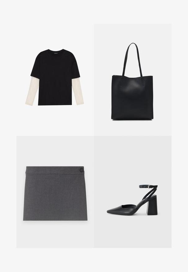 Schwarzes T-Shirt aus Baumwolle mit kurzen Ärmeln über einer weißen Langarmschicht, die ein dezentes strukturiertes Muster aufweist. Rundhalsausschnitt.; Grauer Stoffrock mit glatter Textur, geradem Schnitt und einem einzelnen schwarzen Knopf am Taillenbund, mit einer klaren und einfachen Ästhetik.; Schwarze Leder-Pumps mit spitzer Zehe, einem Knöchelriemen und einem blockigen Absatz. Flache Textur, elegantes Design und minimalistische Ästhetik.; Schwarze Laptoptasche aus Leder mit glatter Textur, rechteckiger Form und zwei langen Griffen. Keine sichtbaren Beschläge oder Verzierungen.