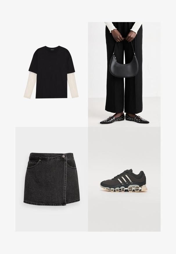 Crni majica od pamuka, s kratkim rukavima preko bijele dugorukave slojevite s suptilnim teksturiranim uzorkom. Dizajn s okruglim izrezom.; Crna traper mini suknja s lagano istrošenim rubom, dva prednja džepa i srebrnim kopčanjem. Ima bočni omotač dizajn.; Crne atletske tenisice s teksturiranim gornjim dijelom, tri srebrne pruge i posebnim potplatom s višestrukim integriranim sekcijama.; Crna kožna torba preko ramena zaobljenog oblika, s sjajnom završnom obradom i srebrnim hardverom. Osoba nosi crne hlače širokog kroja i loaferice sa studovima.