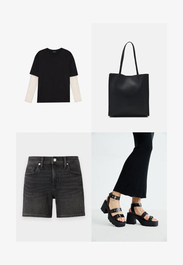 Fekete pamut póló, rövid ujjal, fehér hosszú ujjú réteg fölött, finom textúrával. Kerek nyakkivágású dizájn.; Fekete farmer rövidnadrág klasszikus öt zsebes kialakítással, elöl gombos záródással és halvány kopással a textúra érdekében.; Fekete platform szandálok vastag, barázdált talppal és több pánttal, fém csatokkal, sima bőrhatású textúrával.; Fekete bőrtáska sima felszínnel, téglalap alakú, két hosszú füllel. Nincs látható fémkiegészítő vagy díszítés.
