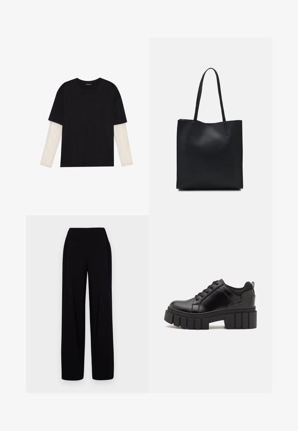 Mustmust särk, mis on valmistatud puuvillast, lühikeste varrukatega, valge pika varrukaga kihi peal, millel on peene tekstuuriga muster. Ümar kaelus.; Mustad laiad püksid, mis on valmistatud siledast ja venivast kangast. Omavad kõrget elastset vöökohta ja lihtsat, ilma kaunistusteta disaini.; Must musta platvormsussid paksu plokkninal, ümmarguse varbaga ja traditsioonilise nööridega kinnitamisega. Sussid on sileda tekstuuriga ja minimaalsete detailidega.; Mustast nahast kott sujuva tekstuuriga, ristkülikukujuline ja kahe pika sangaga. Pole nähtavat riistvara ega kaunistusi.