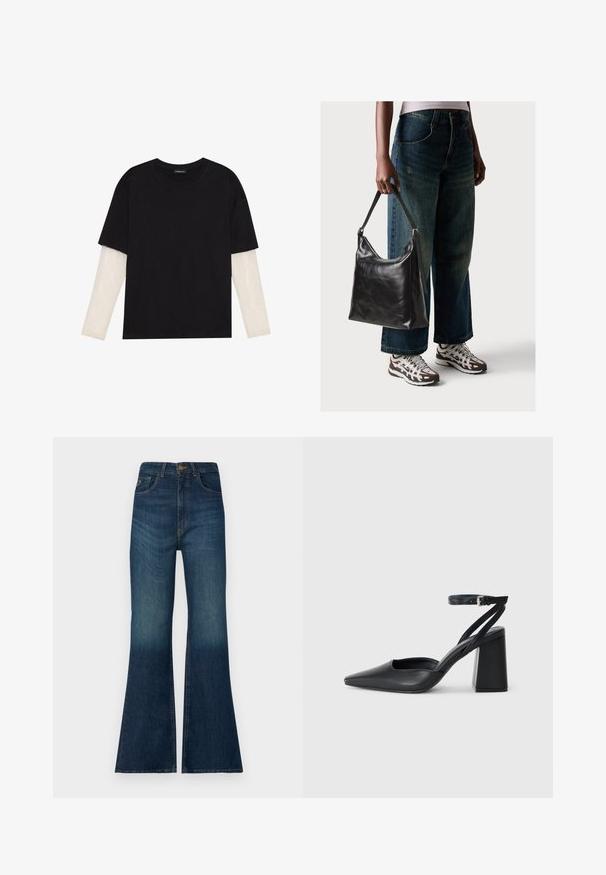 Čierne tričko z bavlny, s krátkymi rukávmi cez biele tričko s dlhým rukávom, s jemným textúrovaným vzorom. Design s okrúhlym výstrihom.; Rozšírené rifle vyrobené z tmavomodrého denimu s jemným vyblednutím. Majú vysoký pás, predné vrecká a nenápadný vyšívaný detail.; Čierne kožené lodičky s špicatou špičkou a členkovým remienkom, s masívnym podpätkom. Hladký povrch, elegantný dizajn a minimalistická estetika.; Čierna kožená taška cez rameno s hladkou textúrou a nastaviteľným popruhom, skombinovaná s vyblednutými širokými džínsy a športovými teniskami.