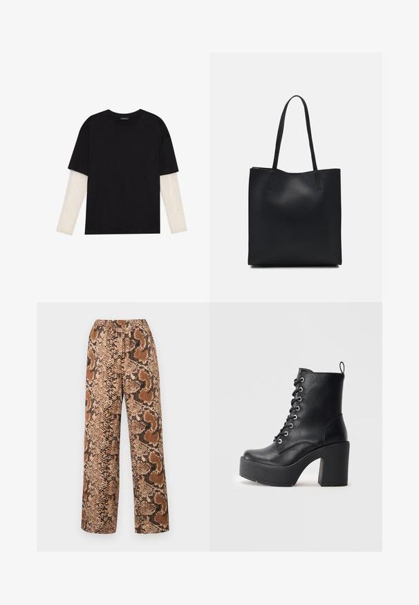 Black T-shirt made of cotton, featuring short sleeves over a white long-sleeve layer with a subtle textured pattern. Crew neckline design.; Wide-leg trousers featuring a brown and black snake print pattern, elastic waistband, and textured fabric with a smooth finish.; Black leather ankle boot with a chunky block heel, lace-up front, and textured surface. Features a tab on the back for easy wear.; Black leather tote bag with smooth texture, rectangular shape, and two long handles. No visible hardware or embellishments.