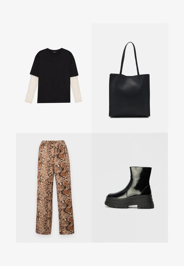 Crni majica od pamuka, s kratkim rukavima preko bijele dugorukave slojevite s suptilnim teksturiranim uzorkom. Dizajn s okruglim izrezom.; Hlače širokog kroja s uzorkom smešnog i crnog zmijskog printa, elastičnom gumom u struku i strukturom tkanine s glatkom završnicom.; Crna sjajna čizma do ankleta s debelim zupčastim potplatom i zaobljenim vrhom, bočni pogled na jednostavnoj svijetlosivoj pozadini.; Crna kožna torba za nošenje s glatkom teksturom, pravokutnim oblikom i dvije duge ručke. Nema vidljivih metalnih dijelova ili ukrasa.