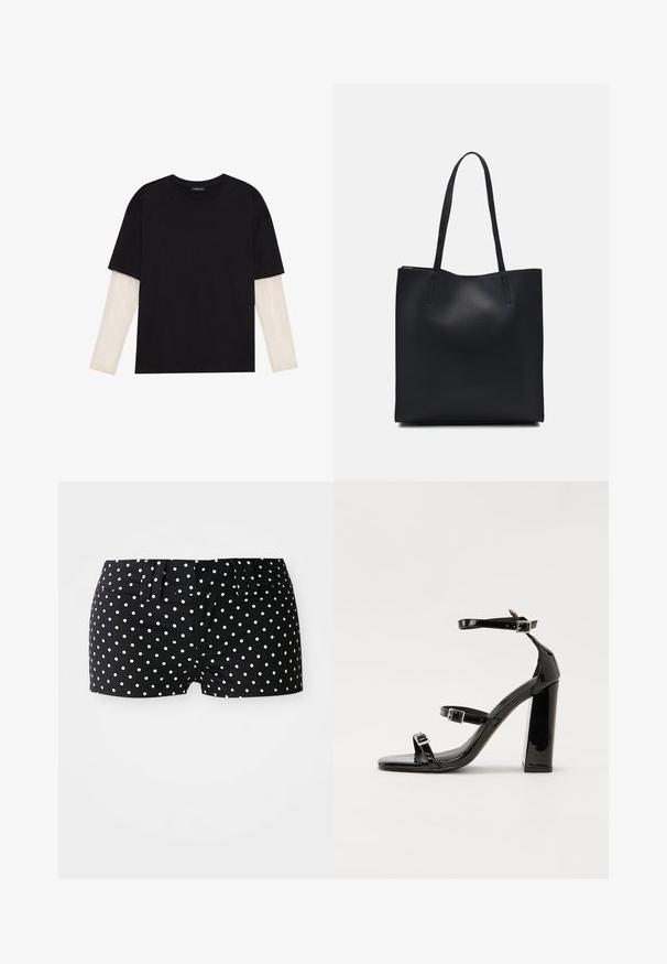 Svart T-skjorte laget av bomull, med korte ermer over et hvitt langermet lag med en subtil teksturert mønster. Rund hals design.; Sorte shorts med hvite prikkemerker, med beltehalser og en tettsittende midje, på en enkel hvit bakgrunn.; Svart høyglans sandaler med hæl, firkantet tå, ankelremmer og sølvspenner. Har en kraftig blokkhæl for stabilitet.; Svart lær tote bag med glatt tekstur, rektangulær form og to lange håndtak. Ingen synlige deler eller dekorasjoner.