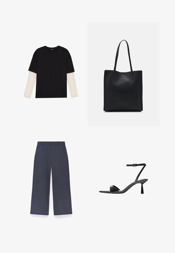 Schwarzes T-Shirt aus Baumwolle mit kurzen Ärmeln über einer weißen Langarmschicht, die ein dezentes strukturiertes Muster aufweist. Rundhalsausschnitt.; Marineblaue weit geschnittene Hosen mit glatter Textur, flachem Bund, Gürtelschlaufen und sauberem Saum. Keine sichtbaren Muster oder Akzente.; Bershka High Heel Sandalette - black; Schwarze Laptoptasche aus Leder mit glatter Textur, rechteckiger Form und zwei langen Griffen. Keine sichtbaren Beschläge oder Verzierungen.