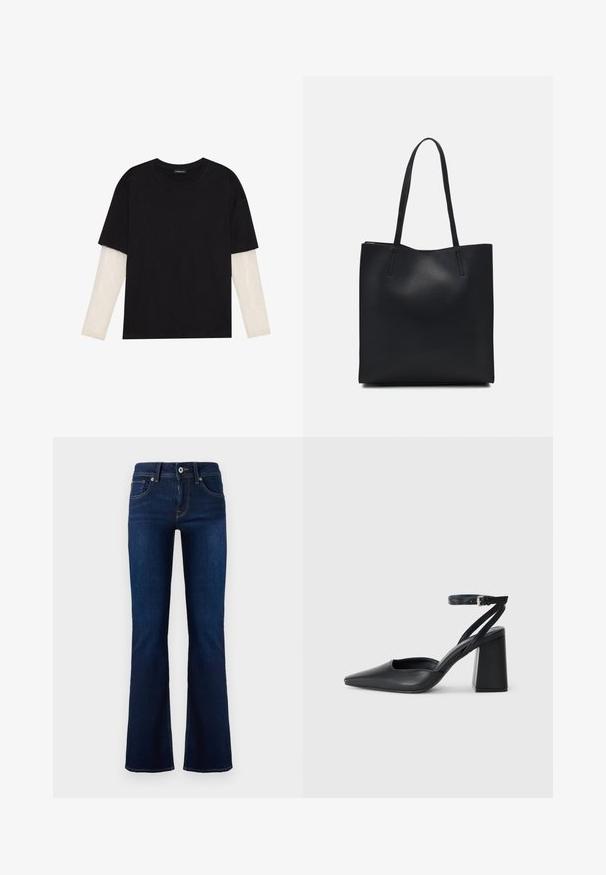 T-shirt preta de algodão, com mangas curtas sobre uma camada de mangas longas branca com um padrão texturizado subtil. Design de decote redondo.; Calças de ganga escuras, de corte flare, com uma cintura média, bolsos frontais e costura contrastante. Apresenta um fecho de botão metálico e passadores para cinto.; Sandal com biqueira afilada em couro preto, com cinta no tornozelo e salto grosso. Textura lisa, design elegante e estética minimalista.; Bolsa tote preta em couro com textura lisa, forma retangular e duas alças longas. Sem hardware ou enfeites visíveis.