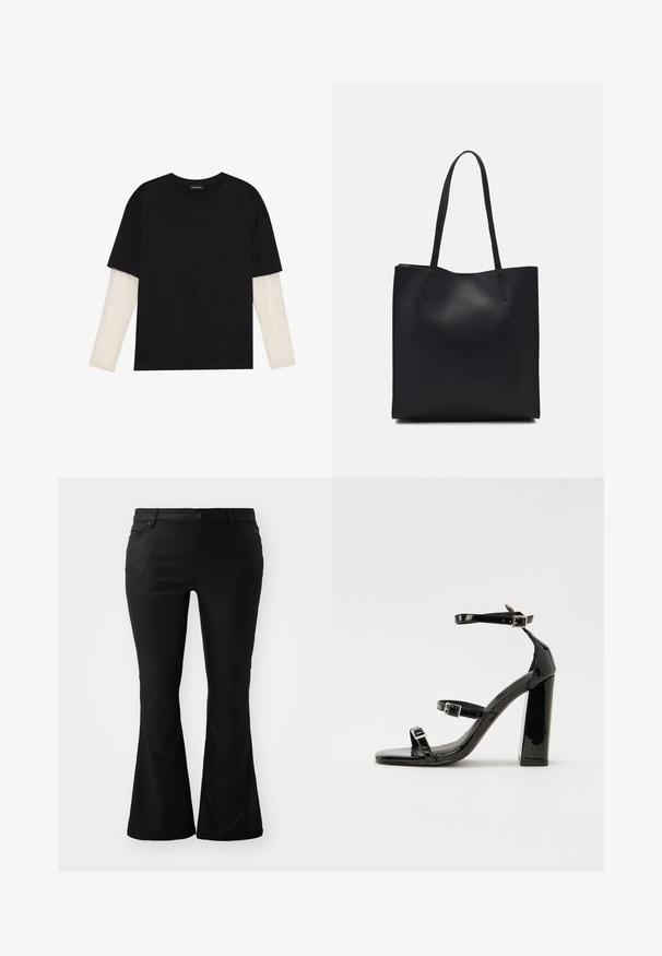 T-shirt nera in cotone con maniche corte sopra un sotto manica lunga bianca, caratterizzata da una sottile texture. Design con scollo rotondo.; Pantaloni neri a zampa d'elefante realizzati in tessuto morbido. Presentano tasche davanti, una chiusura con bottone e una vita aderente che si allarga in una gamba svasata.; Sandali con tacco in vernice nera, con punta squadrata, cinturini alla caviglia e fibbie in argento. Presentano un tacco a blocco spesso per maggiore stabilità.; Borsa tote in pelle nera con texture liscia, forma rettangolare e due manici lunghi. Nessun hardware o decorazione visibile.