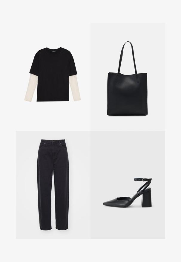 Camiseta negra de algodón, con mangas cortas sobre una capa blanca de manga larga con un patrón texturizado sutil. Diseño de escote redondeado.; Jeans negros de tiro alto hechos de denim. Diseño de pierna recta con cierre de botón y cremallera. Cuenta con bolsillos frontales y un corte clásico.; Zapato de tacón puntiagudo de cuero negro con tira en el tobillo y tacón ancho. Textura plana, diseño elegante y estética minimalista.; Bolso tote de cuero negro con textura lisa, forma rectangular y dos asas largas. Sin herrajes ni adornos visibles.