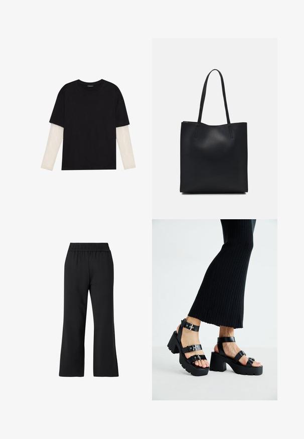 Svart t-shirt i bomull, med korta ärmar över ett vitt långärmat lager med en subtil texturdesign. Rundad halsringning.; Svarta träningsbyxor med vidbenad design. Tillverkade av mjukt material, med elastisk midja och utan synliga detaljer eller mönster.; Svarta plattformssandaler med kraftiga yttersölar och flera remmar, med metalspännen och en slät läderliknande yta.; Svart lädertoffelväska med slät textur, rektangulär form och två långa handtag. Ingen synlig hårdvara eller dekorationer.