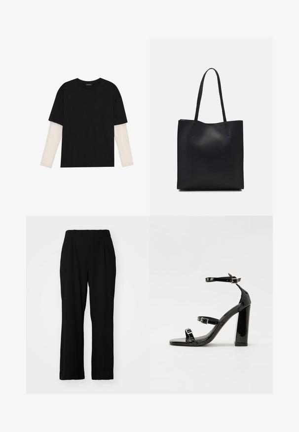 Black T-shirt made of cotton, featuring short sleeves over a white long-sleeve layer with a subtle textured pattern. Crew neckline design.; Vero Moda Curve VMCLIVA SUPER WIDE PANTS - Trousers - black; Black patent heeled sandals with a square toe, ankle straps, and silver buckles. Features a chunky block heel for stability.; Black leather tote bag with smooth texture, rectangular shape, and two long handles. No visible hardware or embellishments.