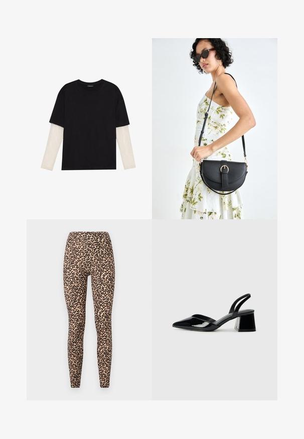 Melna kokvilnas T-kreklu ar īsām piedurknēm, virs baltas garām piedurknēm ar smalku teksturētu rakstu. Apaļas kakla izgriezuma dizains.; Leparddruku legingi ar beigtu pamatni, kas raksturo augstu jostasvietu, pieguļošu dizainu un gludu, elastīgu tekstūru.; Melna lakota āda ar atvērto papēdi, ar smailu purngalu un ģeometrisku blokpapēdi. Iezīmējas elegants, minimāls dizains un gluda tekstūra.; Melnas ādas rokassoma ar izliekta formu, noņemamu siksnu un zelta aksesuāriem. Somai ir vāciņš ar sprādzes detaļu.