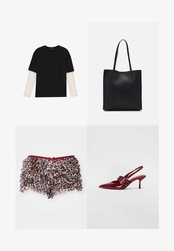 T-shirt noir en coton, avec des manches courtes sur une couche à manches longues blanche avec un motif texturé subtil. Col rond.; Shorts en imprimé léopard floral avec volants superposés, dotés d'une taille en dentelle rouge et d'un petit nœud décoratif à l'avant.; Escarpins slingback en cuir verni rouge avec un bout pointu, deux brides à boucle et un talon aiguette slim de hauteur intermédiaire. Texture lisse.; Sac fourre-tout en cuir noir avec une texture lisse, de forme rectangulaire et deux longues poignées. Pas de matériel ou d'ornementations visibles.