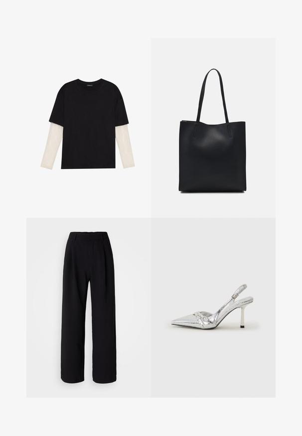 T-shirt noir en coton, avec des manches courtes sur une couche à manches longues blanche avec un motif texturé subtil. Col rond.; Pantalons larges noirs en tissu lisse. Dotés d'une taille ajustée et de plis à l'avant pour plus de volume. Design ajusté.; Escarpin argenté à talon aigu, avec un bout pointu, une finition métallique, deux brides décoratives et un talon élancé avec un embout noir.; Sac fourre-tout en cuir noir avec une texture lisse, de forme rectangulaire et deux longues poignées. Pas de matériel ou d'ornementations visibles.