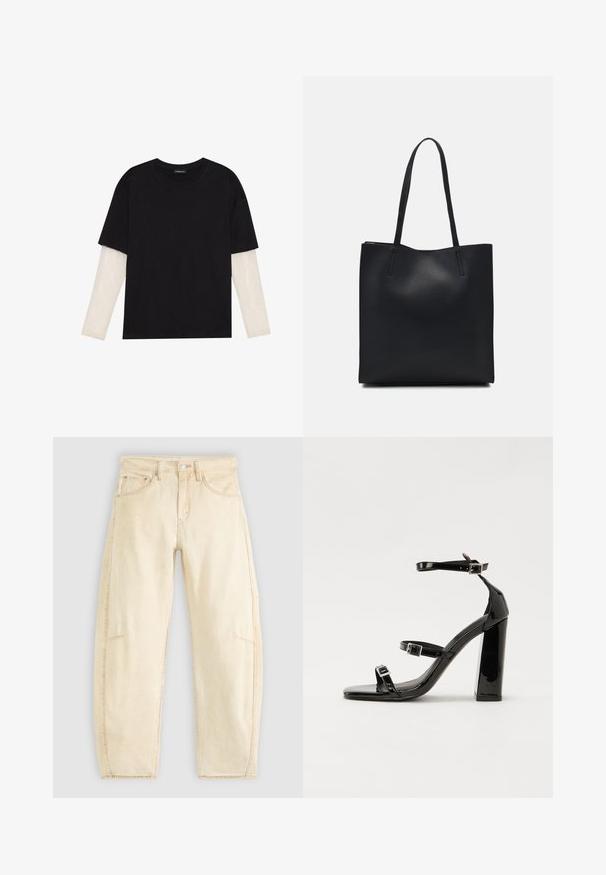 Black T-shirt made of cotton, featuring short sleeves over a white long-sleeve layer with a subtle textured pattern. Crew neckline design.; Beige denim jeans with a relaxed fit, featuring a high waist, five pockets, and subtle fading. Raw hem details at the ankles.; Black patent heeled sandals with a square toe, ankle straps, and silver buckles. Features a chunky block heel for stability.; Black leather tote bag with smooth texture, rectangular shape, and two long handles. No visible hardware or embellishments.
