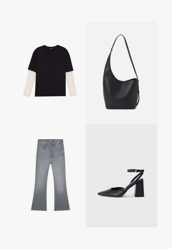 Zwarte T-shirt van katoen, met korte mouwen over een witte lange mouw laag met een subtiel textuurpatroon. Ronde hals ontwerp.; Grijze flared jeans van denim, met een klassiek vijf-pocket ontwerp, knoopsluiting en een gladde textuur.; Zwarte leren puntige pump met een enkelbandje en een chunky hak. Vlakke textuur, strakke vormgeving en minimalistische esthetiek.; Zwarte leren hobo tas met een gladde textuur, kromme vorm en een enkele verstelbare schouderband; heeft een brede opening aan de bovenkant.