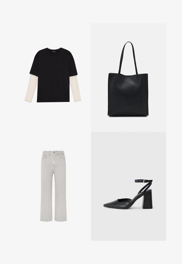 Mustmust särk, mis on valmistatud puuvillast, lühikeste varrukatega, valge pika varrukaga kihi peal, millel on peene tekstuuriga muster. Ümar kaelus.; Heledhalli teksased, sirge säärejärgimise kujundusega, viie tasku stiiliga, esiküljel tõmblukk ja klassikaline vööosa. Lihtne tikand.; Mustmustest must-käigukingad, millel on konksuga nöör ja paks konts. Ühtlane tekstuur, stiilne disain ja minimalistlik esteetika.; Mustast nahast kott sujuva tekstuuriga, ristkülikukujuline ja kahe pika sangaga. Pole nähtavat riistvara ega kaunistusi.