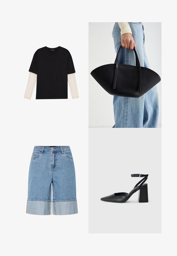 Svart T-skjorte laget av bomull, med korte ermer over et hvitt langermet lag med en subtil teksturert mønster. Rund hals design.; Lette blå denimbukser med oppbrett, med knappelukking, beltehemper og to frontlommer. Glatt tekstur og avslappet design.; Svart lær pumps med spiss tå, ankelrem og kraftig hæl. Flat tekstur, strømlinjeformet design og minimalisme.; Svart skinnveske med en unik vifteform, med flate håndtak. Overflaten har en pebblelignende tekstur og et minimalistisk design.