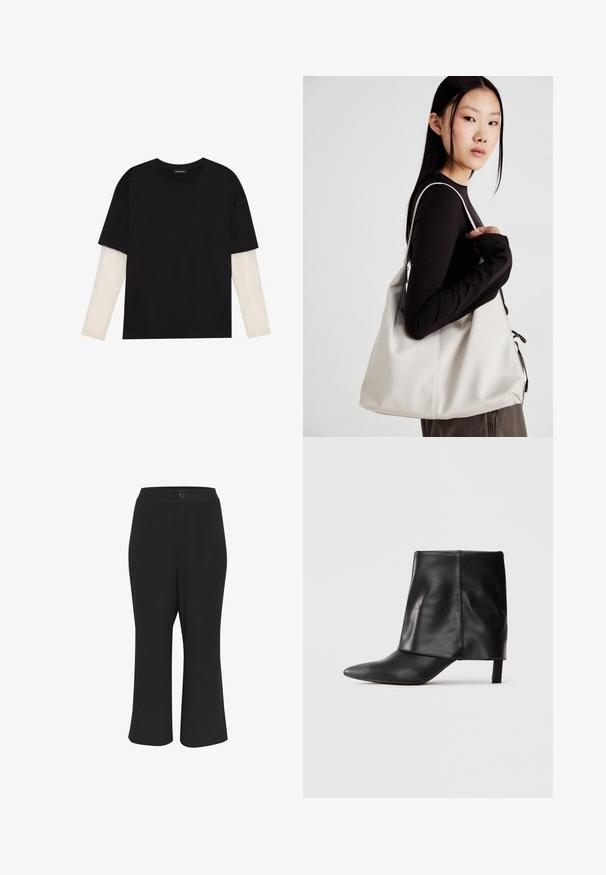 Schwarzes T-Shirt aus Baumwolle mit kurzen Ärmeln über einer weißen Langarmschicht, die ein dezentes strukturiertes Muster aufweist. Rundhalsausschnitt.; Schwarze, kurze Hosen mit einer glatten Textur, einem Knopfverschluss und zwei Fronttaschen. Das Design hat eine gerade Passform und minimale Details.; Schwarze Lederstiefel bis zur Mitte der Wade mit spitzer Zehe, gefaltetem oberen Schaft und schlankem, niedrigem Absatz auf weißem Hintergrund.; Beige Handtasche aus weichem Material, mit einem lässigen Design, gesteppten Details und zwei Schulterriemen. Geeignet für den täglichen Gebrauch.